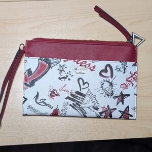GUESS Red and White Graphic Wristlet
